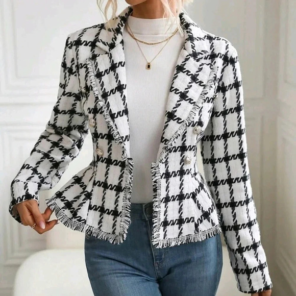 Plaid Pattern Raw Trim Tweed Blazer - Picture 1 of 5